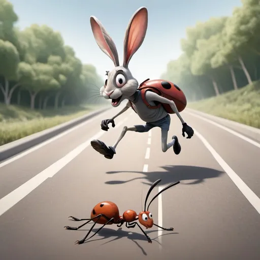 Prompt: Cartoon rabbit running down a highway with a giant ant chancing him