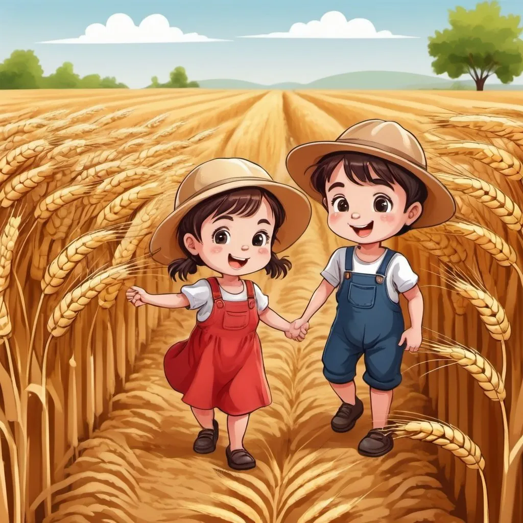 Prompt: children day, wheat grain farm, cartoon