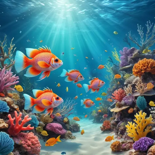 Prompt: Underwater scene of a playful fish, vibrant aquatic environment, realistic water effects, high definition, digital painting, colorful coral reef backdrop, crystal clear ocean water, playful fish with detailed scales, vibrant and dynamic, joyful underwater atmosphere, high quality, detailed, realistic, aquatic, colorful, playful fish, vibrant coral reef, crystal clear water, digital painting, realistic water effects, vibrant atmosphere