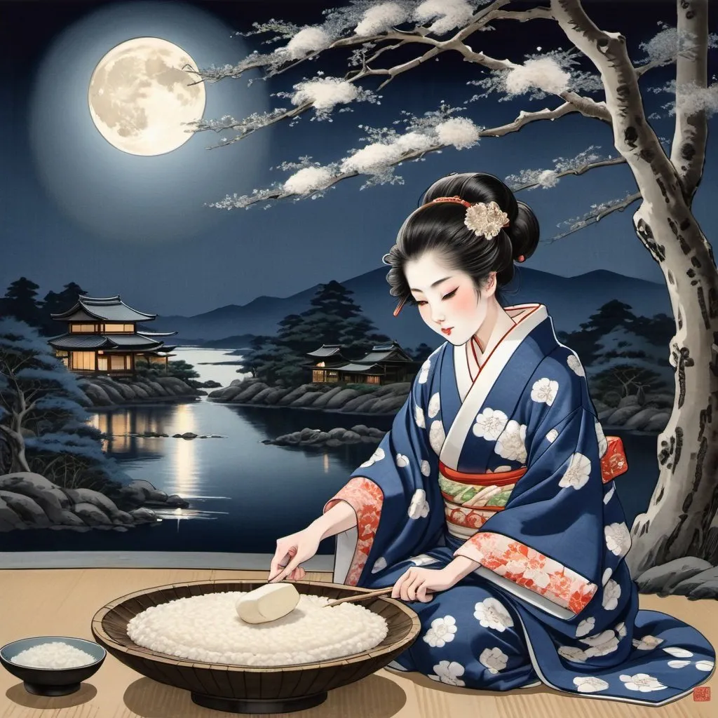 Rabets making rice cake under the moon, traditional...