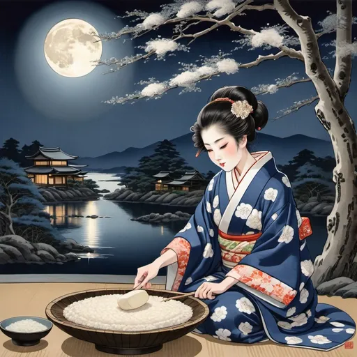 Prompt: Rabets making rice cake under the moon, traditional Japanese artwork, detailed kimono and fur, serene atmosphere, moonlit night, high quality, traditional, detailed fur, intricate kimono, moonlit, serene, traditional art, peaceful, moonlight, detailed, calm