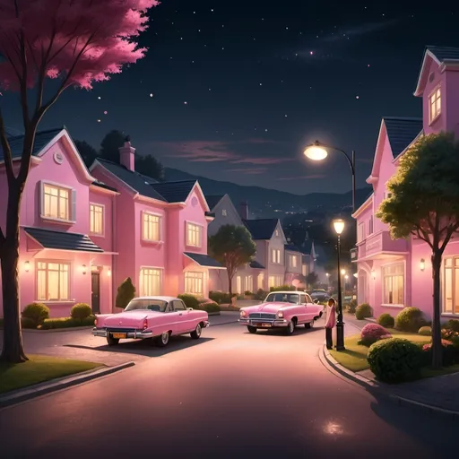 Prompt:  luxurious housing estate at night, (street scene) illuminated houses, sleek cars parked, a man holding a box of fried chicken, approaching a woman with a (pink headscarf), warm inviting lights casting shadows, upscale ambiance, (HD) ultra-detailed, soft glowing street lamps, serene atmosphere, beautifully landscaped gardens, stars twinkling in the night sky.