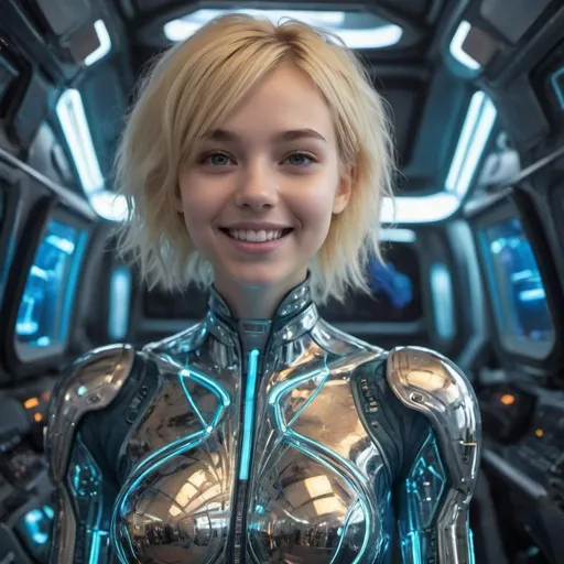 Prompt: girl, 18 years old. blonde. smile. cute. pretty. Mars terraforming. Carmine Saffron Tyrian Azure Chartreuse Seafoam Drab On a huge spaceship The costume is made of thin tapes, follows the shape of the body Chairs, Consoles, Panels, Screens, Windows, Controls, Buttons, Displays, Lights, Cabins. Transparent 
Her body is covered in shimmering shades of chrome and blue, creating a digital, futuristic aesthetic.
Her face is adorned with a glowing smile of lines and LEDs, giving the impression of friendliness and technological joy.