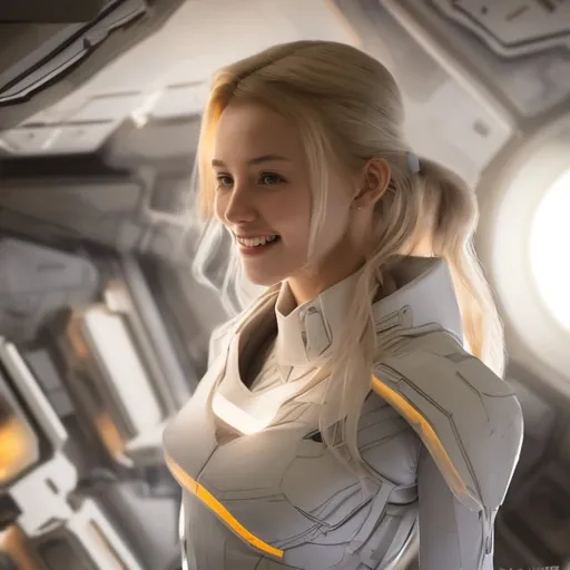 Prompt: girl, 18 years old. blonde. smile. On a huge spaceship.. The costume is made of organza strips, follows the shape of the body, there are no unnecessary parts that could get caught on anything and interfere with her. The clothes are very comfortable and light. She tries to find the strength to get up, go to the control panel and continue the fight. Hazard lights are flashing