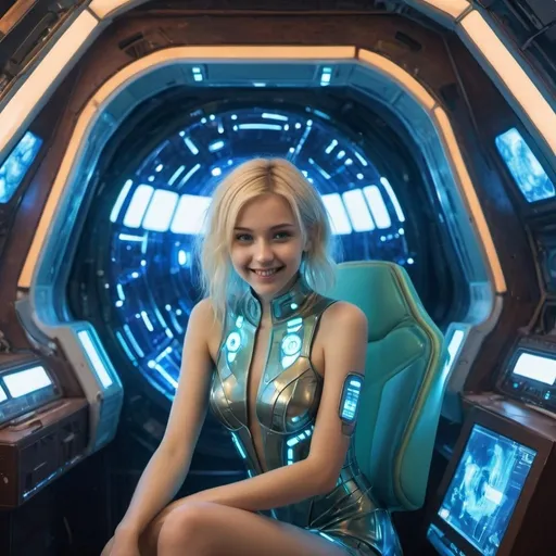 Prompt: girl, 18 years old. blonde. smile. cute. pretty. Mars terraforming. Carmine Saffron Tyrian Azure Chartreuse Seafoam Drab On a huge spaceship The costume is made of thin tapes, follows the shape of the body Chairs, Consoles, Panels, Screens, Windows, Controls, Buttons, Displays, Lights, Cabins. Transparent 
Her body is covered in shimmering shades of chrome and blue, creating a digital, futuristic aesthetic.
Her face is adorned with a glowing smile of lines and LEDs, giving the impression of friendliness and technological joy.