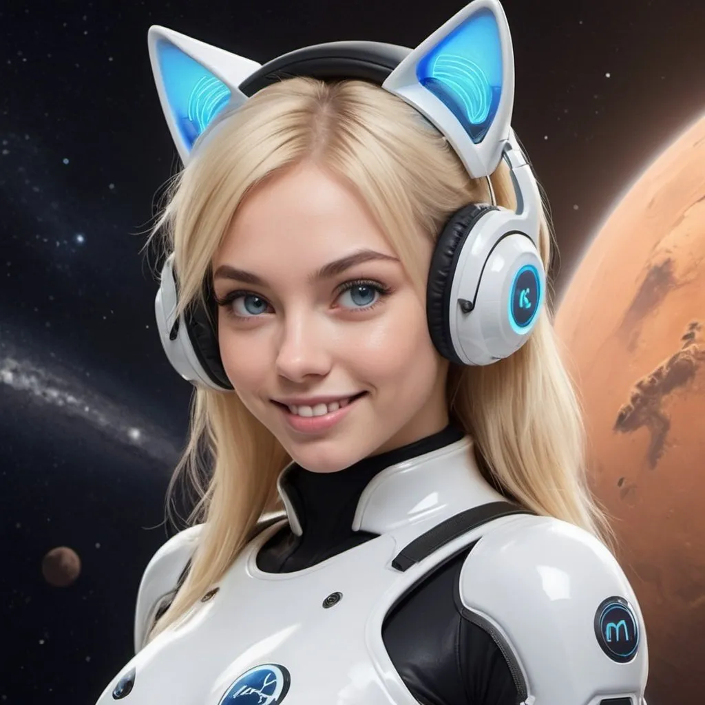 Prompt: Mars terraforming company. squats blonde eurppean girl. thin body. smile. muscle  transparent invisible Spacesuit. blue eyes. "Mars terraforming" logo, cat ear, headphone for cat ears, cat blue eyes, control panel, pretty cute face