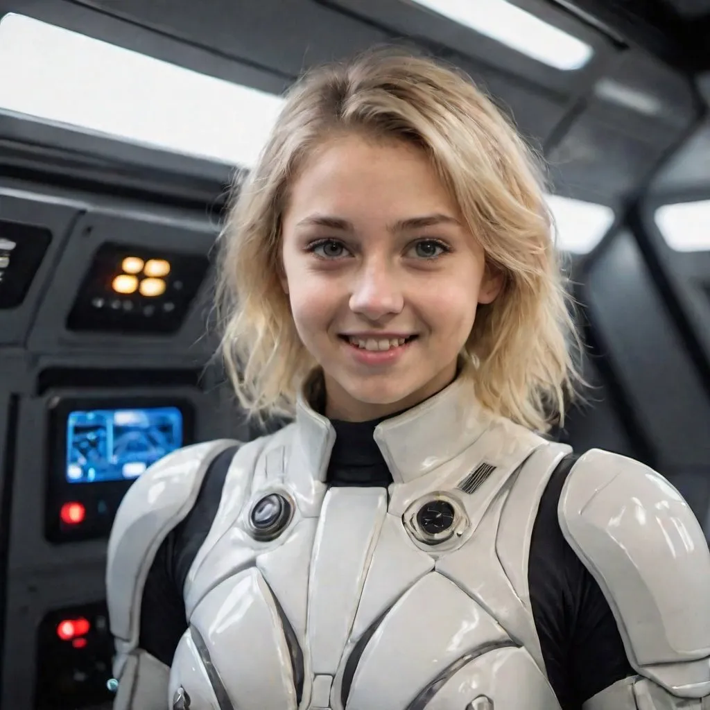 Prompt: girl, 18 years old. blonde. smile. On a huge spaceship.. The costume is made of organza strips, follows the shape of the body, there are no unnecessary parts that could get caught on anything and interfere with her. The clothes are very comfortable and light. She tries to find the strength to get up, go to the control panel and continue the fight. Hazard lights are flashing