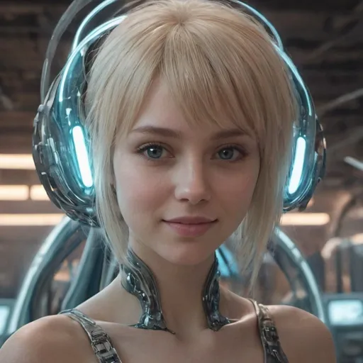 Prompt: girl, 18 years old. blonde. smile. cute. pretty. Mars terraforming. Carmine Saffron Tyrian Azure Chartreuse Seafoam Drab On a huge spaceship The costume is made of thin tapes, follows the shape of the body Chairs, Consoles, Panels, Screens, Windows, Controls, Buttons, Displays, Lights, Cabins. Transparent 
Her body is covered in shimmering shades of chrome and blue, creating a digital, futuristic aesthetic.
Her face is adorned with a glowing smile of lines and LEDs, giving the impression of friendliness and technological joy.