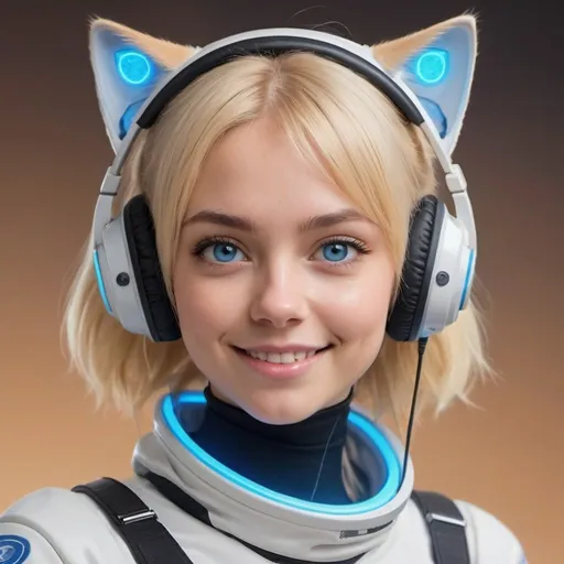 Prompt: Mars terraforming company. squats blonde eurppean girl. thin body. smile. muscle  transparent invisible Spacesuit. blue eyes. "Mars terraforming" logo, cat ear, headphone for cat ears, cat blue eyes, control panel, pretty cute face