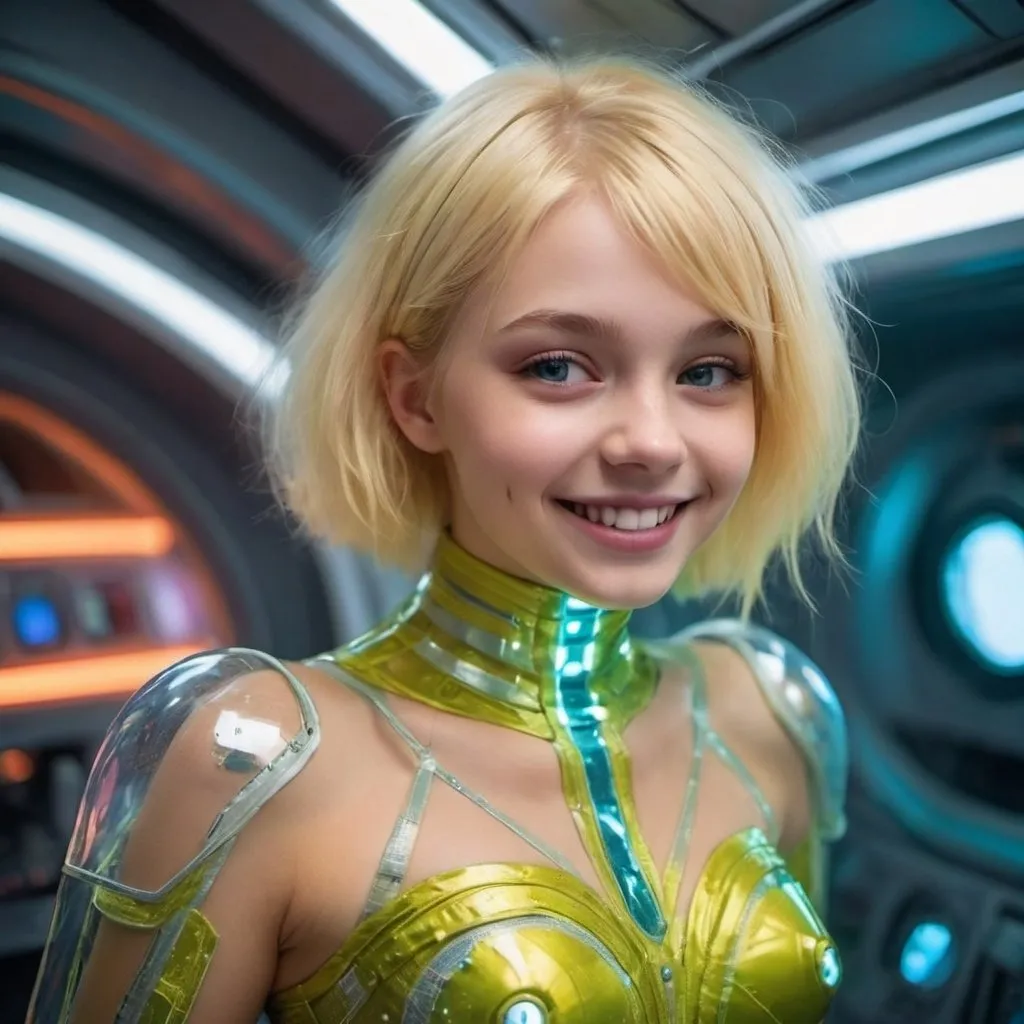 Prompt: girl, 18 years old. blonde. smile. cute. pretty. Carmine Saffron Chartreuseb On a huge spaceship The costume is made of thin tapes, follows the shape of the body Transparent
Her body is covered in shimmering shades 
Her face is adorned with a glowing smile