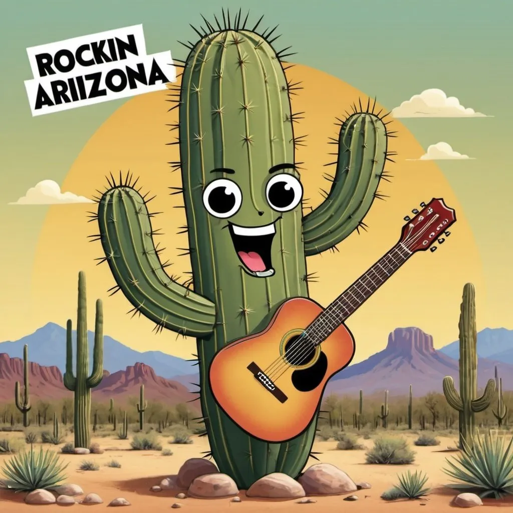 Prompt: a cartoon saguaro cactus playing a guitar with the words "Rockin in Arizona"

