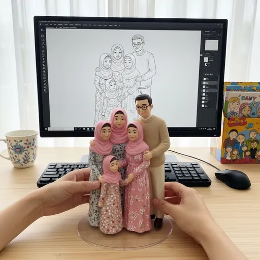 Prompt: This photograph features a detailed, figurine-like sculpture of a family of six standing on a clear, circular plastic base placed on a wooden desk. The sculpture is crafted in a realistic style, depicting six individuals dressed in modest, traditional clothing. Five women and one man are shown; all women wear pink hijabs and long, patterned dresses, while the man wears a beige sweater and cream-colored pants. The women have different hairstyles and expressions, and the man has short hair and glasses. The figures are arranged in a close-knit, affectionate pose, with some children hugging adults.

In the background, a large computer monitor displays a digital drawing of the same family in a sketch-like, black-and-white outline. The monitor's screen is active, showing a software interface with tools and layers visible. To the left of the monitor, there is a white ceramic mug with a floral design, and to the right, a colorful box of drawing or coloring books featuring illustrations of families. The desk also holds a black computer keyboard and a mouse. The room is well-lit with natural light coming from a window with white curtains, creating a bright and cozy atmosphere.There are two hands lifting the statue while turning it left and right after putting it back down.
There are two hands lifting the statue while turning it left and right after putting it back down.