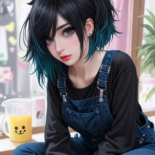 Prompt: Emo, goth girl, cute overalls 