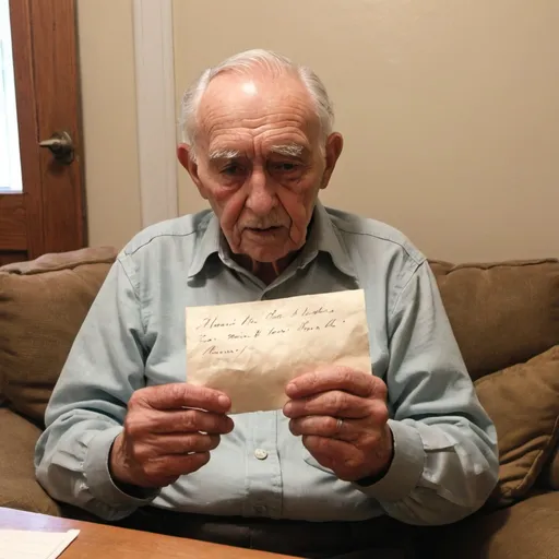 Prompt: A photo of my grandfather sitting and holding a piece of paper with writing on it. The card is facing me so that I can read what is written on it.