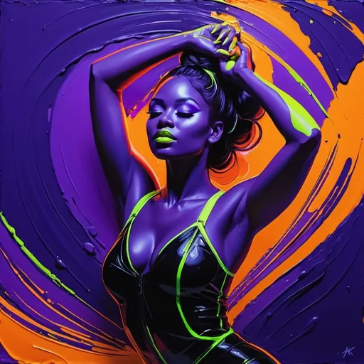 Prompt: A woman performing flexible supple beautiful. Gouache style art painting. Creative brush strokes. Thick brush strokes. Impasto. 8k resolution

hyperdetail vantablack on electric purple with chartreuse and neon glow orange lines photoluminescent