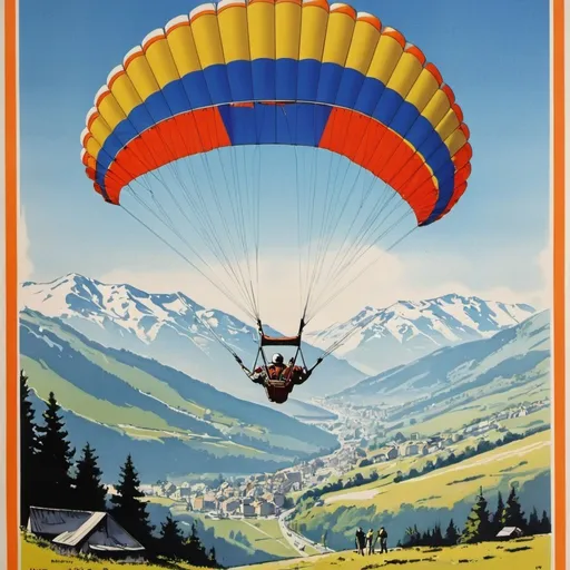 Prompt: dessine une affiche publicitaire pour un  festival de parapente dans les années 70