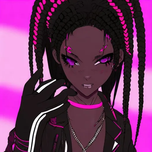 Prompt: Appearance
———————————————————
Hair: box braids, hot pink streaks
eyes: dark brown, almond shape
skin: Black
body: skinny 
aesthetic/style: Emo, scene, goth, grunge
