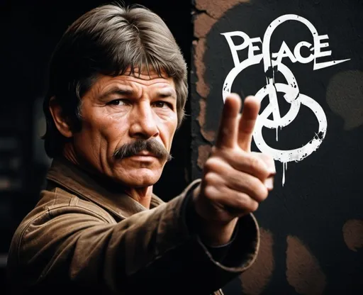 Prompt: Charles Bronson from Deathwish Movies holding a Peace Symbol. PEACE LOGO.