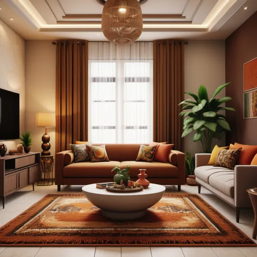 Prompt: (maximum detail) A modern Nigerian living room, featuring elegant furniture and decor, (warm colors) rich earthy tones with pops of vibrant hues, a blend of contemporary and traditional art pieces, (4K) ultra-detailed space showcasing stylish rugs, window treatments, and plants, (inviting atmosphere) cozy and welcoming vibe, well-lit with natural light streaming in, showcasing a perfect blend of comfort and modernity.