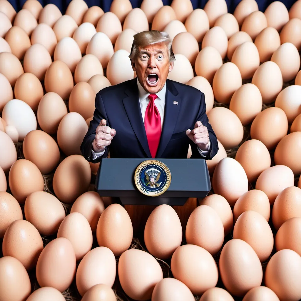 Prompt: an egg as the president of the united states giving a speech to a crowd of eggs that are cheering for the president