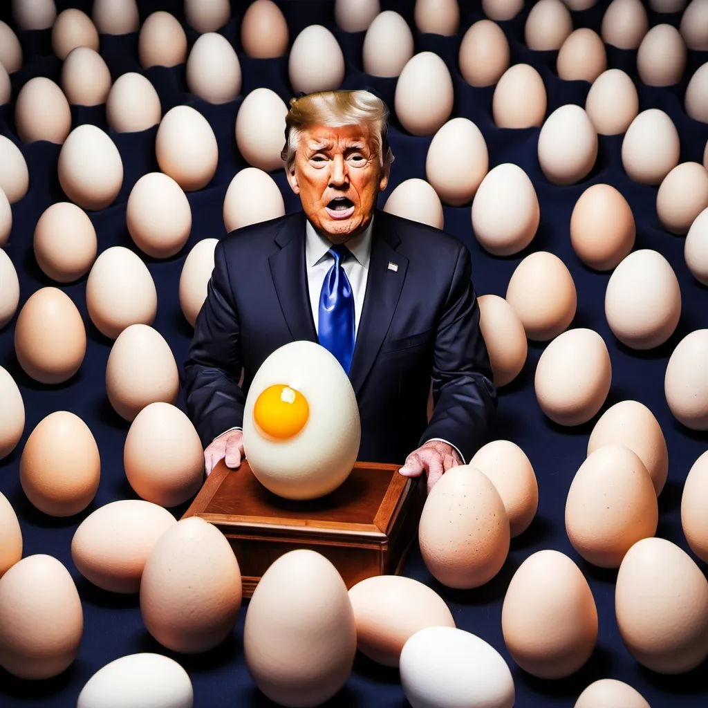 Prompt: an egg as the president of the united states giving a speech to a crowd of eggs