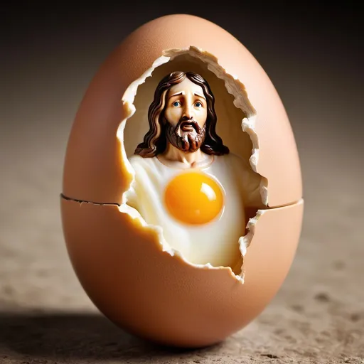 Prompt: an egg with jesus bursting out of it