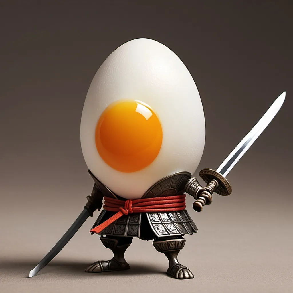 Prompt: an egg wielding a sword with a samurai haircut but it looks weird