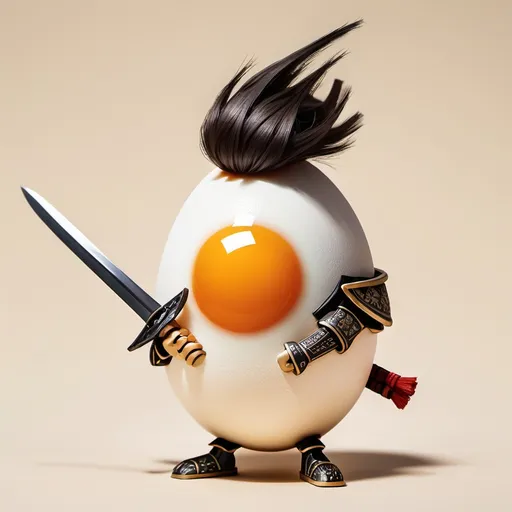 Prompt: an egg wielding a sword with a samurai haircut but it looks weird