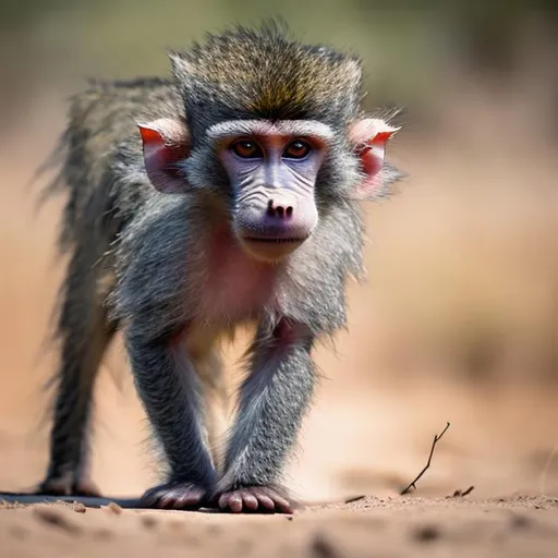 Prompt: a small, cute, furry baboon with an almost human face walking on the African savanna.