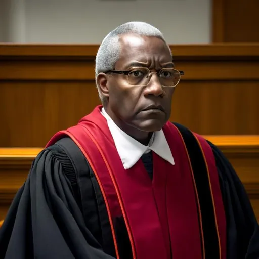 Prompt: a black man in red judges robes, wearing a white judicial wig. He has a stern face and glares over his half glasses.