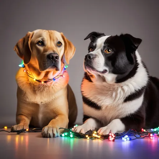 Prompt: cat and dog with lots of multicolored christmas lights