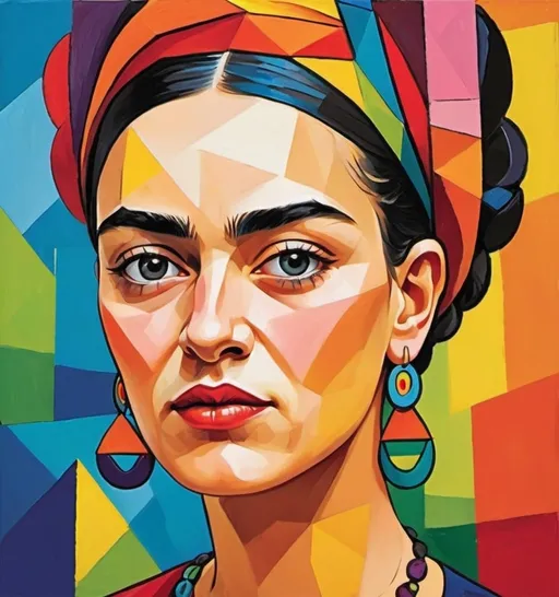 Prompt: Picasso style cubism Frida Kahlo's in bright live colors

