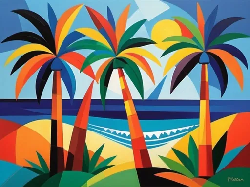 Prompt: island palm tree cubism vivid colors Picasso style  