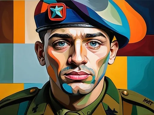 Prompt: us army soldier with beret
  cubism vivid colors Picasso style  