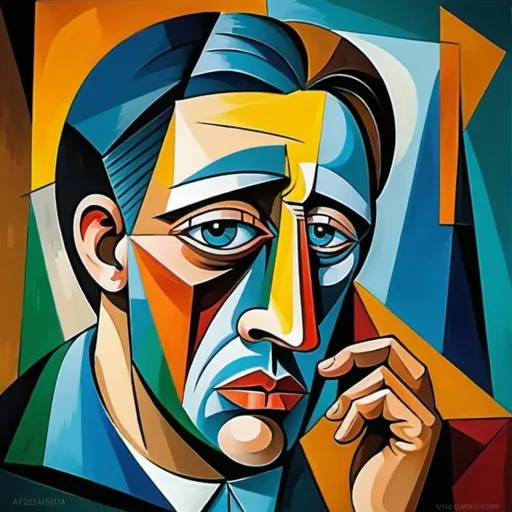 Prompt: sad man  cubism vivid colors Picasso style  