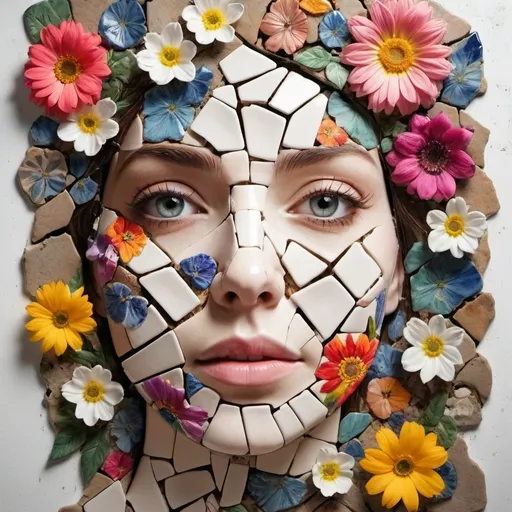 Prompt: Creative grid collage from broken ceramic pieces a portrait of female face, double exposure, spring flowers, vibrant colors, creative collage,broken pieces, abstract grid arrangement, nature, high quality, detailed, professional lighting, artistic, vibrant, embroidery collage style, colorful, floral elements, detailed facial features