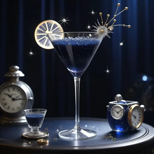 Prompt: (Midnight magic cocktail), beautifully crafted cocktail glass showcasing a rich navy blue drink, (shimmering silver pollen) delicately scattered, with tiny, intricate clocks suspended within, adding a touch of whimsy, surrounded by a glowing ambiance of soft light, ethereal and enchanting atmosphere, ultra-detailed, 4K quality, capturing the essence of magic and timelessness.