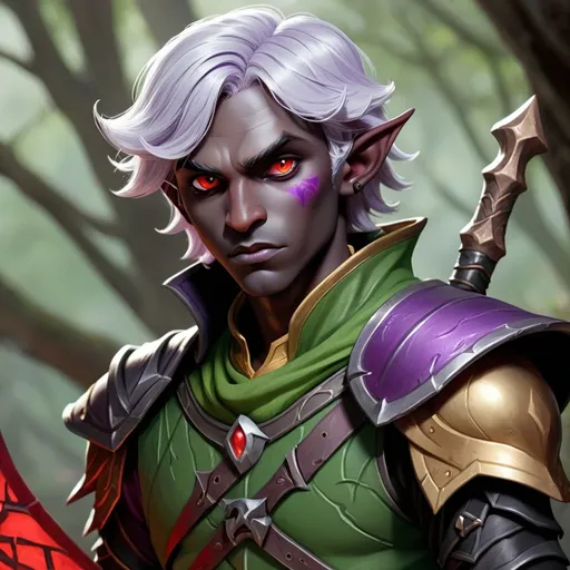 Prompt: dungeons and dragons, drow, male, short hair, silver hair, wavy hair, red eyes, rune knight, black and gold and green attire, purple skin, elf