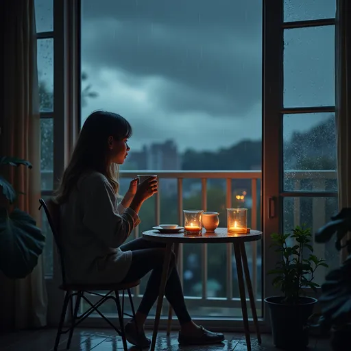 Prompt: A young girl sitting by the patio of her apartment sipping a cup of coffee on a gloomy, rainy night. The apartment should reflect warmth, coziness and brightness. Heavy clouds, wild winds, and the scent of fresh rain pause the world.
