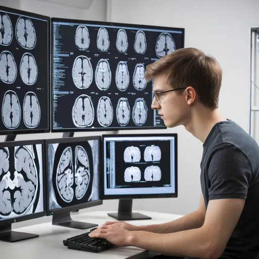 Prompt: A young man working with a computer and looking at brain MRI images on monitor