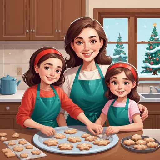 Prompt: mom with her two daughters big sister is 20 years old and little sister is 9 years old baking Christmas cookies, cartoon character for children's book front cover. age difference is important 