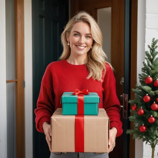 Prompt: beautiful blonde haired Australian lady in her middle 30s stands at her front for where a delivery man is standing, handing her a large parcel with smaller parcels piled up on top of it, hyperdetailed photography, she has a happy smile, green eyes, golden middle hair, skin pores, freckles, full lips, minimalist jewelry, earrings, cosy red sweater and grey jeans, standing in the open front doorway of her lovely apartment, light makeup, hyperdetailed photography, realism, realistic, raw, photorealistic, analog