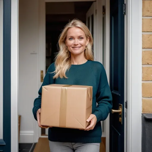 Prompt: beautiful blonde haired Danish lady in her middle 40s stands at her front door where a delivery man is standing, handing her a large parcel with smaller parcels piled up on top of it, hyperdetailed photography, she has a happy smile, green eyes, golden middle hair, skin pores, freckles, full lips, minimalist jewelry, earrings, cosy dark blue sweater and grey jeans, standing in the open front doorway of her lovely apartment, light makeup, hyperdetailed photography, realism, realistic, raw, photorealistic, analog