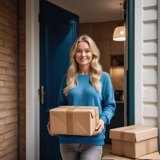 Prompt: beautiful blonde haired Finnish lady in her middle 30s stands at her front for where a delivery man is standing, handing her a large parcel with smaller parcels piled up on top of it, hyperdetailed photography, she has a happy smile, green eyes, golden middle hair, skin pores, freckles, full lips, minimalist jewelry, earrings, cosy royal blue sweater and grey jeans, standing in the open front doorway of her lovely apartment, light makeup, hyperdetailed photography, realism, realistic, raw, photorealistic, analog