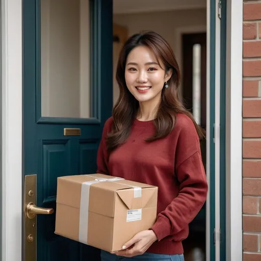 Prompt: Good looking brunette haired Korean lady in her middle thirties holding a package in her arms and chatting to a friendly package delivery man at her front door, hyperdetailed photography, she has a happy smile, green eyes, brown middle hair, skin pores, freckles, full lips, minimalist jewelry, earrings, cosy dark red sweater and blue jeans, standing in the open front doorway of her lovely apartment or house, light makeup, hyperdetailed photography, realism, realistic, raw, photorealistic, analog