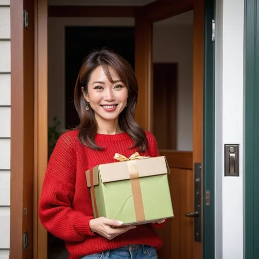 Prompt: Good looking brunette haired Japanese lady in her middle forties holding a package in her arms and chatting to a friendly package delivery man at her front door, hyperdetailed photography, she has a happy smile, green eyes, brown middle hair, skin pores, freckles, full lips, minimalist jewelry, earrings, cosy bright red sweater and blue jeans, standing in the open front doorway of her lovely apartment or house, light makeup, hyperdetailed photography, realism, realistic, raw, photorealistic, analog