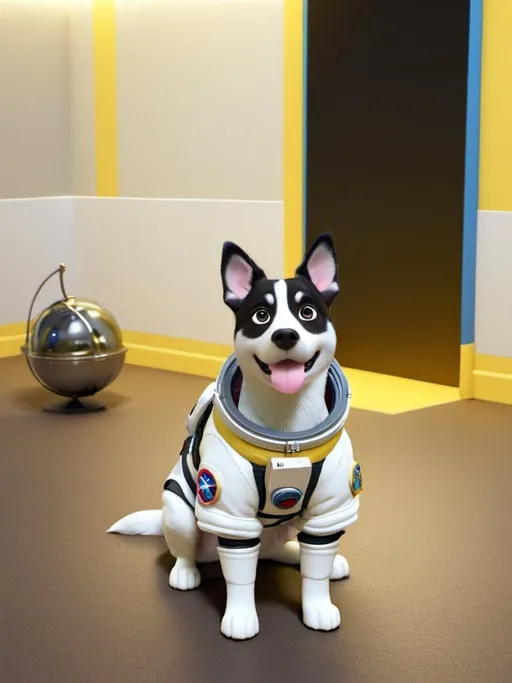 Prompt: <mymodel> a 3d render of a black and white Shitsu dog female with an astronaut suit on a yellow background