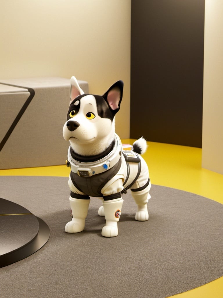 Prompt: <mymodel> a 3d render of a black and white Shitsu dog female with an astronaut suit on a yellow background