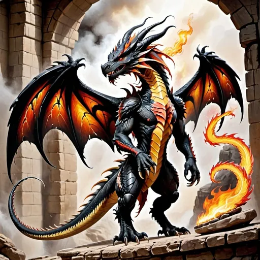 Prompt: Standard Western Dragon:
Four-legged, long-tailed, and wide-winged. Breathes fire, symbolizing danger and destruction.