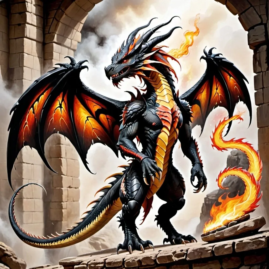 Prompt: Standard Western Dragon:
Four-legged, long-tailed, and wide-winged. Breathes fire, symbolizing danger and destruction.